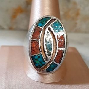 Navajo Sterling Silver Turquoise Coral Ring Size 11.5 (20.92G)